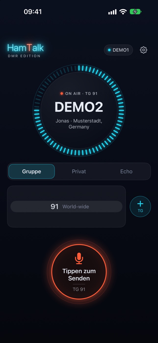 HamTalk auf dem iPhone: DEMO2 spricht auf Talkgroup 91, darunter die Sendetaste